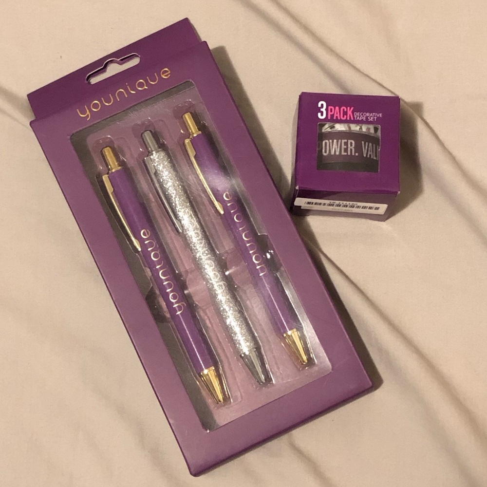 Younique Pen & Tape set.Pen Set: 2 purple & 1 sliver glitter. Tape:variety of 3.